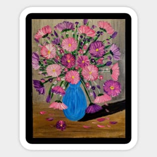 Vibrant pink and purple flowers bloom tall in a striking blue vase, adorned with touches of metallic paint for an extra shimmer Sticker